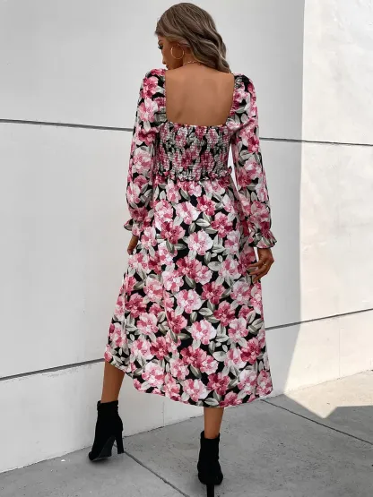 Perfee Slit Smocked Floral Flounce Sleeve Dress-vkxiaodian