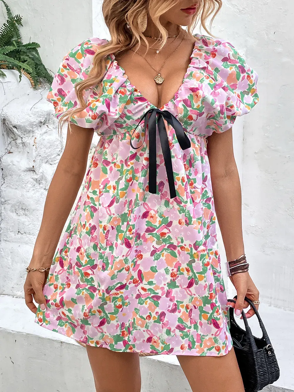 Perfee Printed V-Neck Puff Sleeve Mini Dress-vkxiaodian