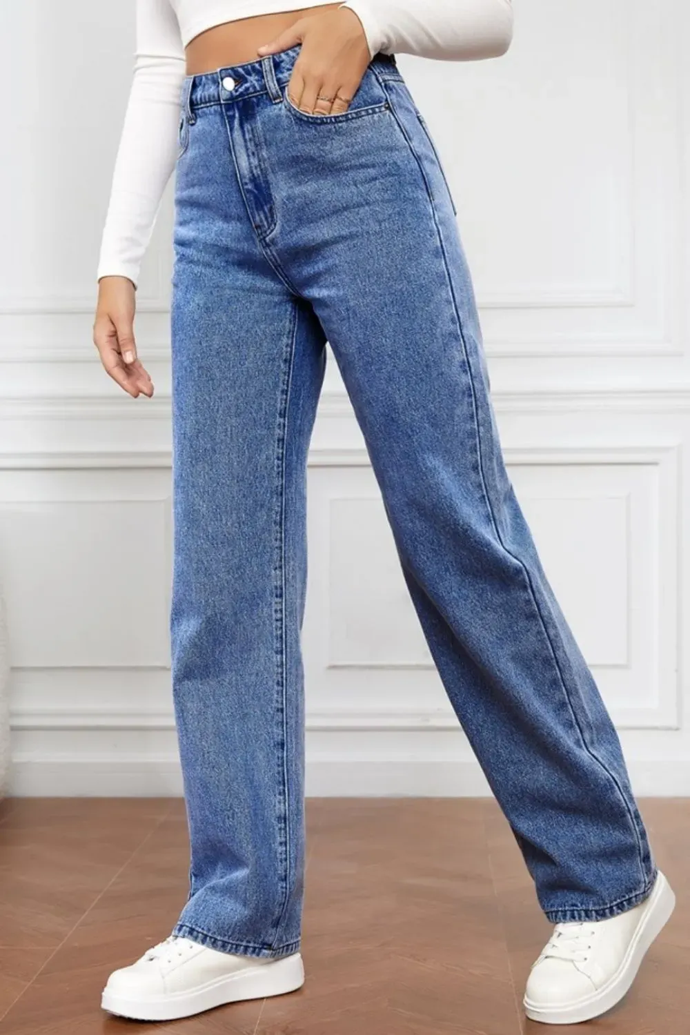 Washed denim fashionable straight leg pants long high waisted jeans pants for women-vkxiaodian