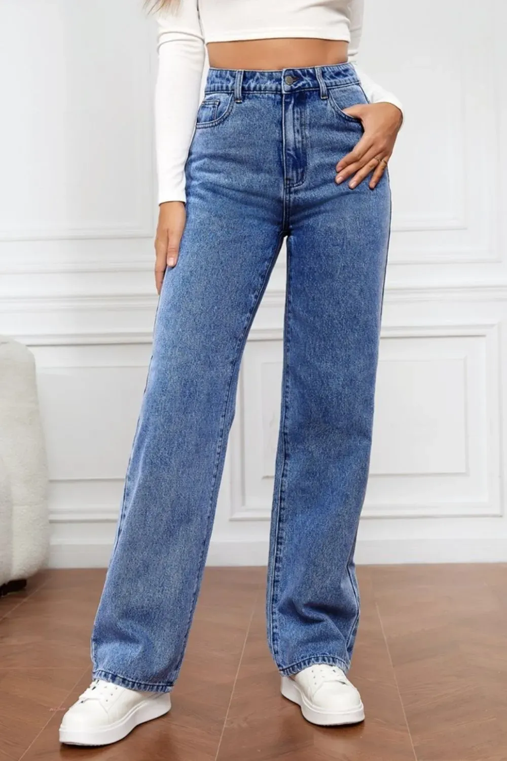 Washed denim fashionable straight leg pants long high waisted jeans pants for women-vkxiaodian
