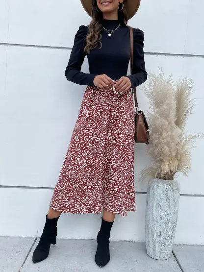 Perfee Printed Mock Neck Puff Sleeve Midi Dress-vkxiaodian