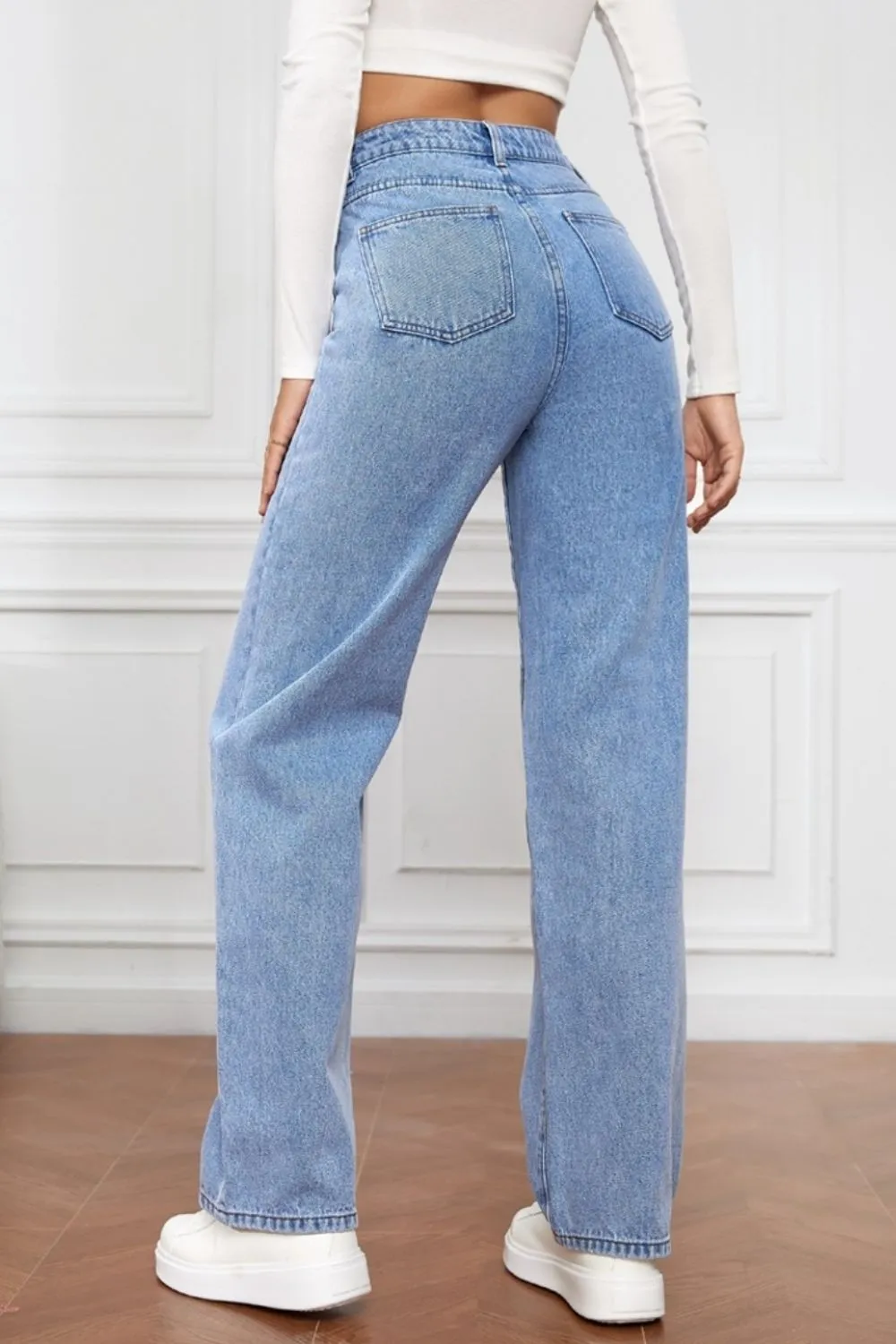 Washed denim fashionable straight leg pants long high waisted jeans pants for women-vkxiaodian