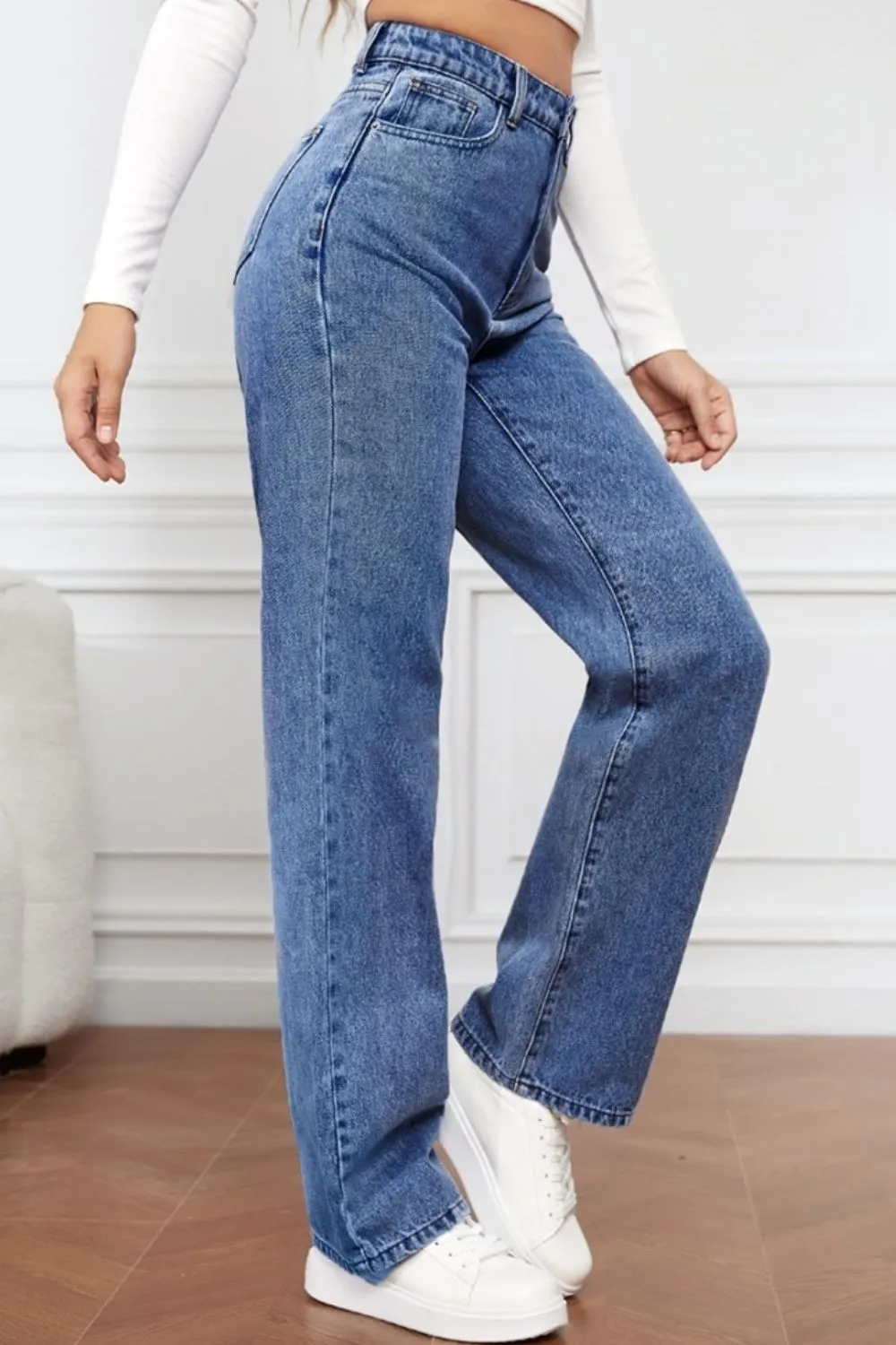 Washed denim fashionable straight leg pants long high waisted jeans pants for women-vkxiaodian