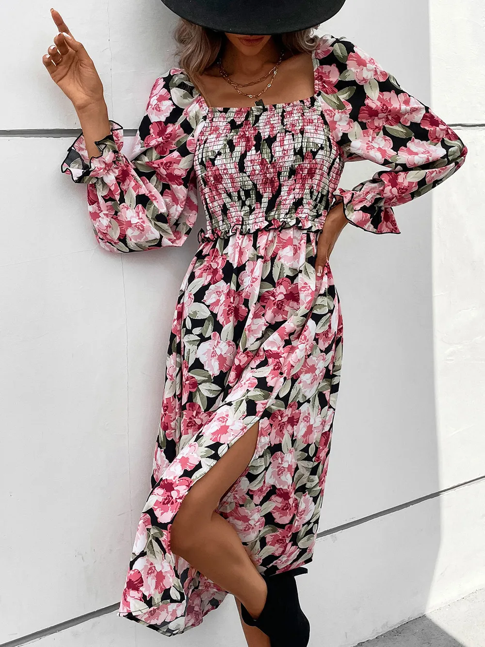 Perfee Slit Smocked Floral Flounce Sleeve Dress-vkxiaodian