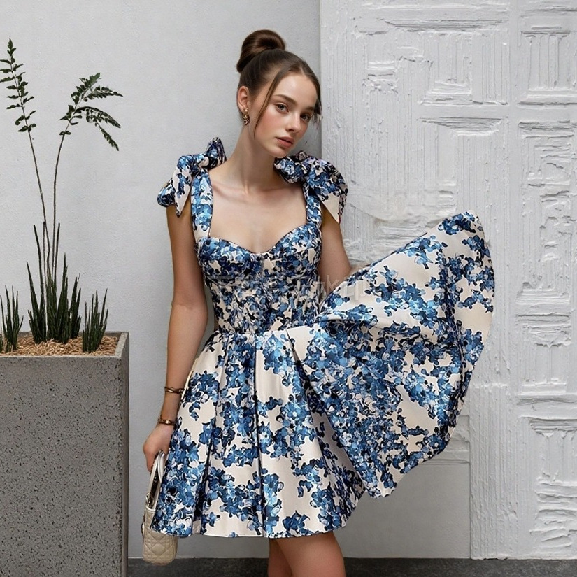 Elegant temperament slim fit printed lace up short skirt dress French dress-vkxiaodian