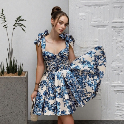 Elegant temperament slim fit printed lace up short skirt dress French dress-vkxiaodian
