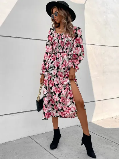 Perfee Slit Smocked Floral Flounce Sleeve Dress-vkxiaodian