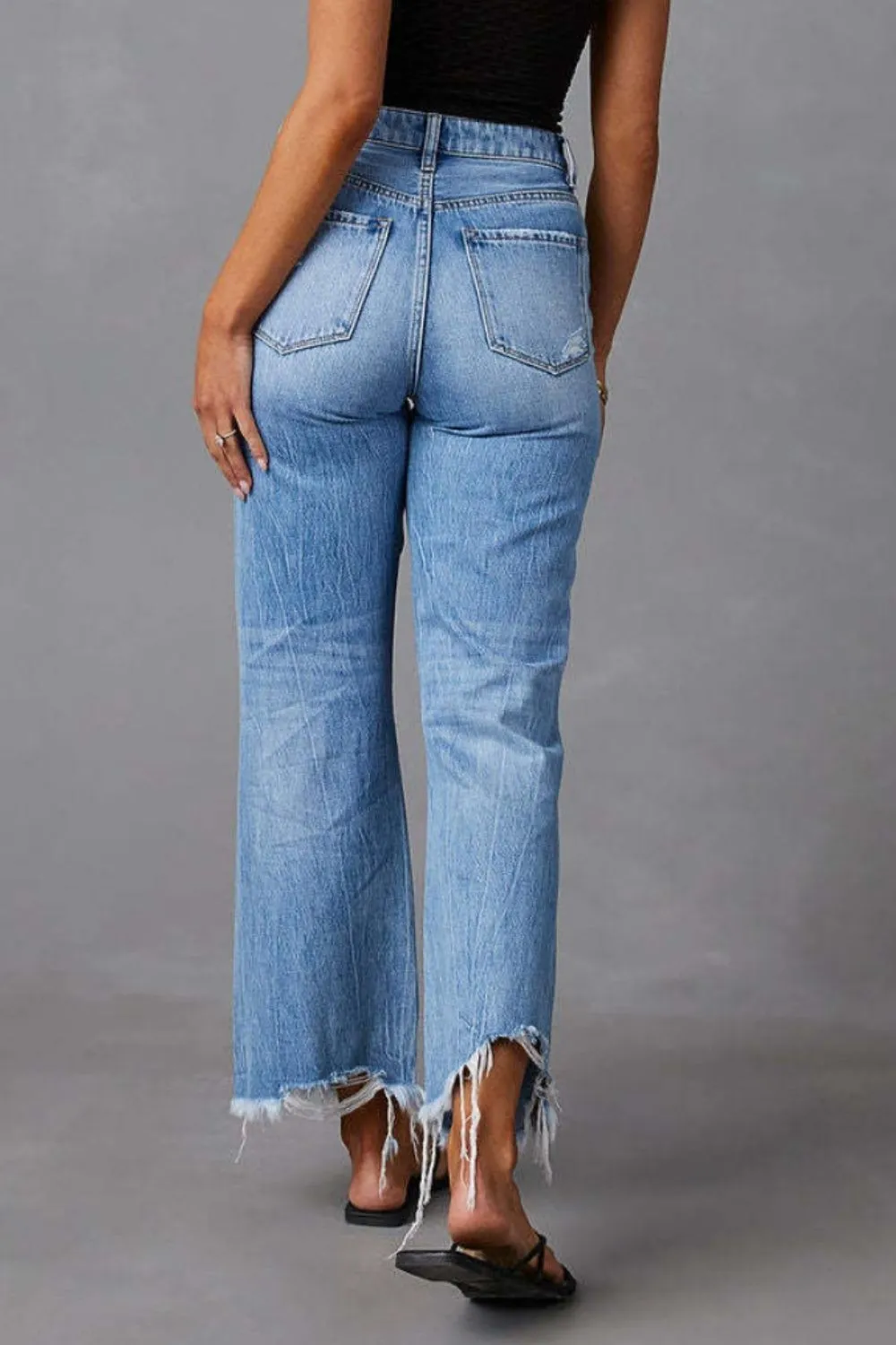 Washed ripped high waisted pants wide leg jeans for women-vkxiaodian