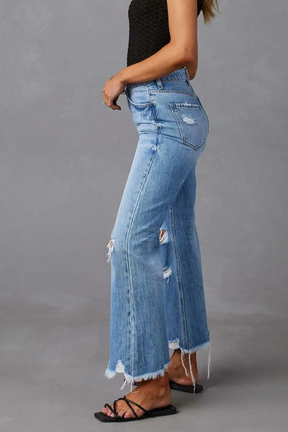 Washed ripped high waisted pants wide leg jeans for women-vkxiaodian