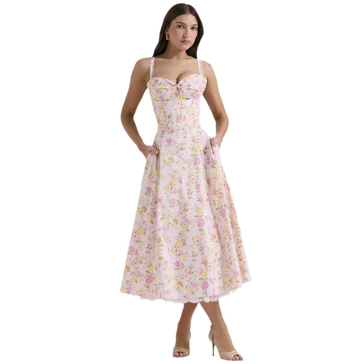 Floral series French summer camisole gentle style dress slimming floral camisole long skirt-vkxiaodian