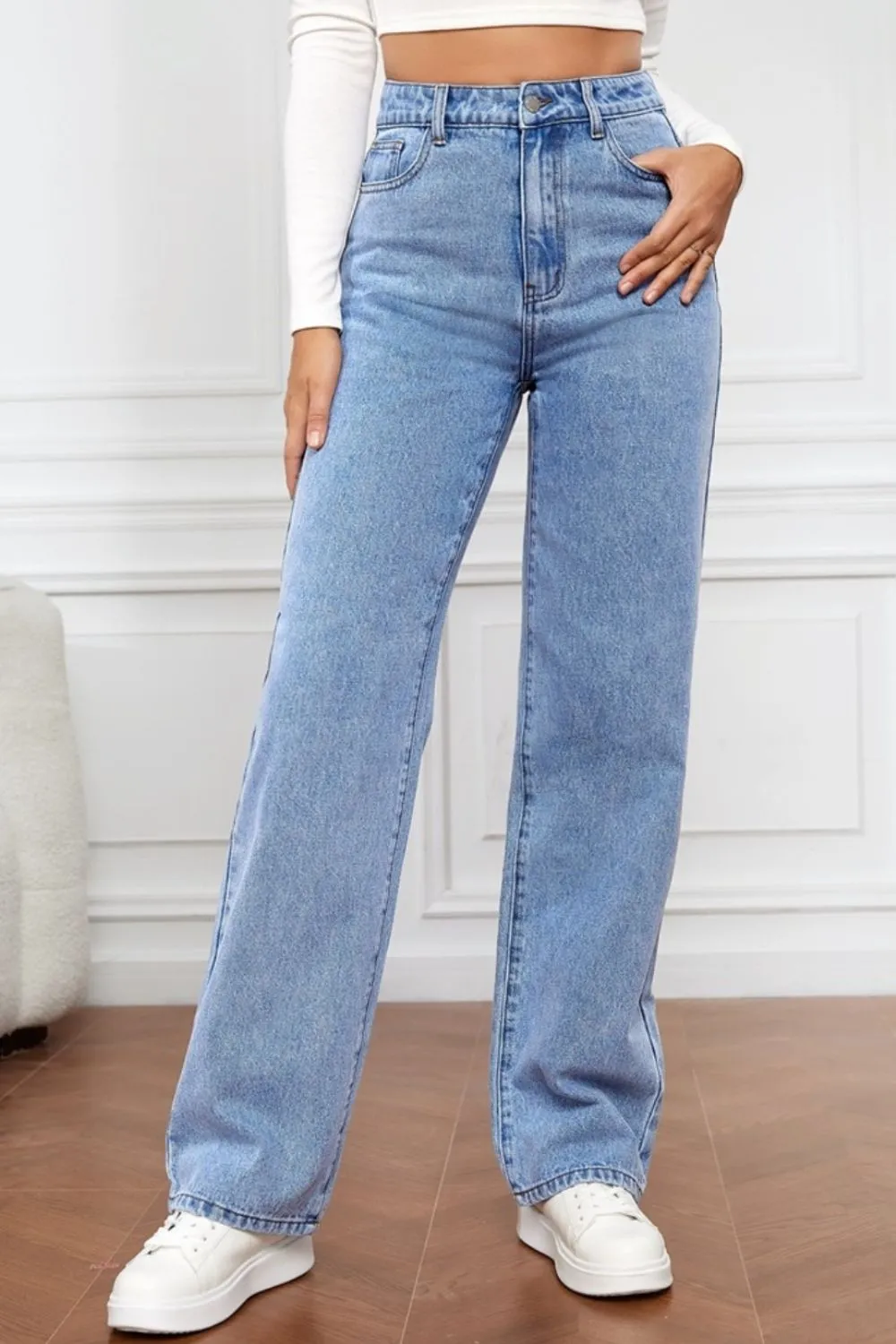 Washed denim fashionable straight leg pants long high waisted jeans pants for women-vkxiaodian
