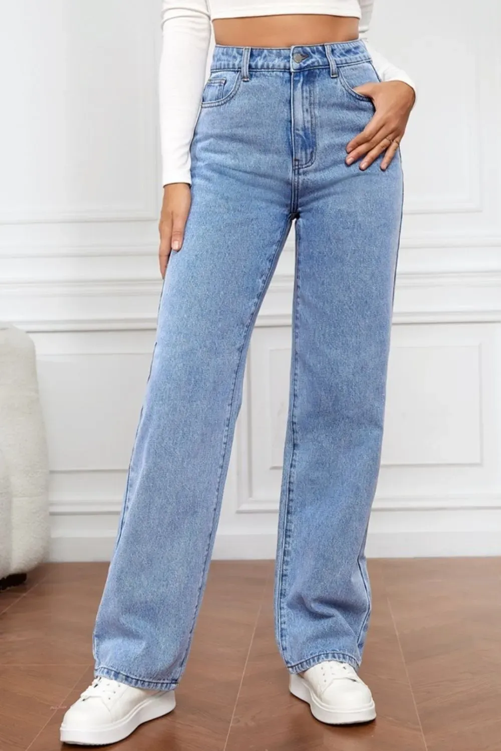 Washed denim fashionable straight leg pants long high waisted jeans pants for women-vkxiaodian