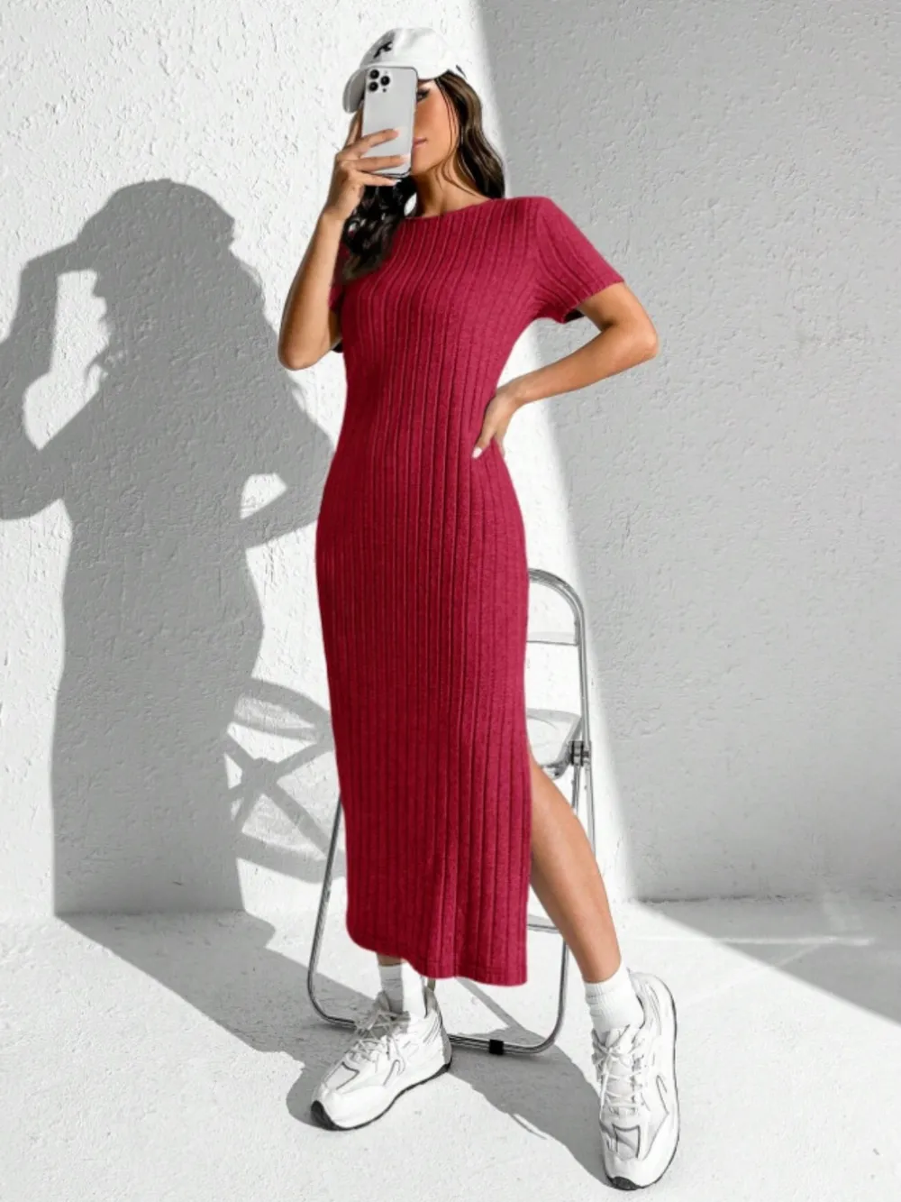 Slit Round Neck Short Sleeve Sweater Dress-vkxiaodian