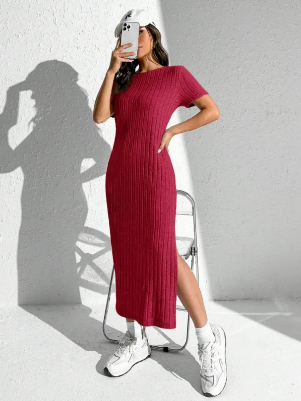 Slit Round Neck Short Sleeve Sweater Dress-vkxiaodian