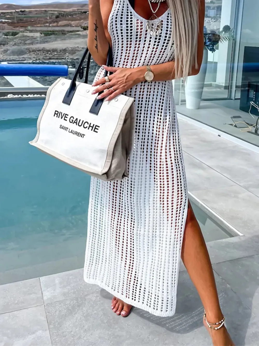 Beach cover shirt casual solid color slit backless knitted camisole dress-vkxiaodian