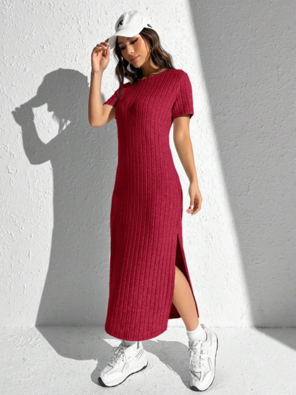 Slit Round Neck Short Sleeve Sweater Dress-vkxiaodian