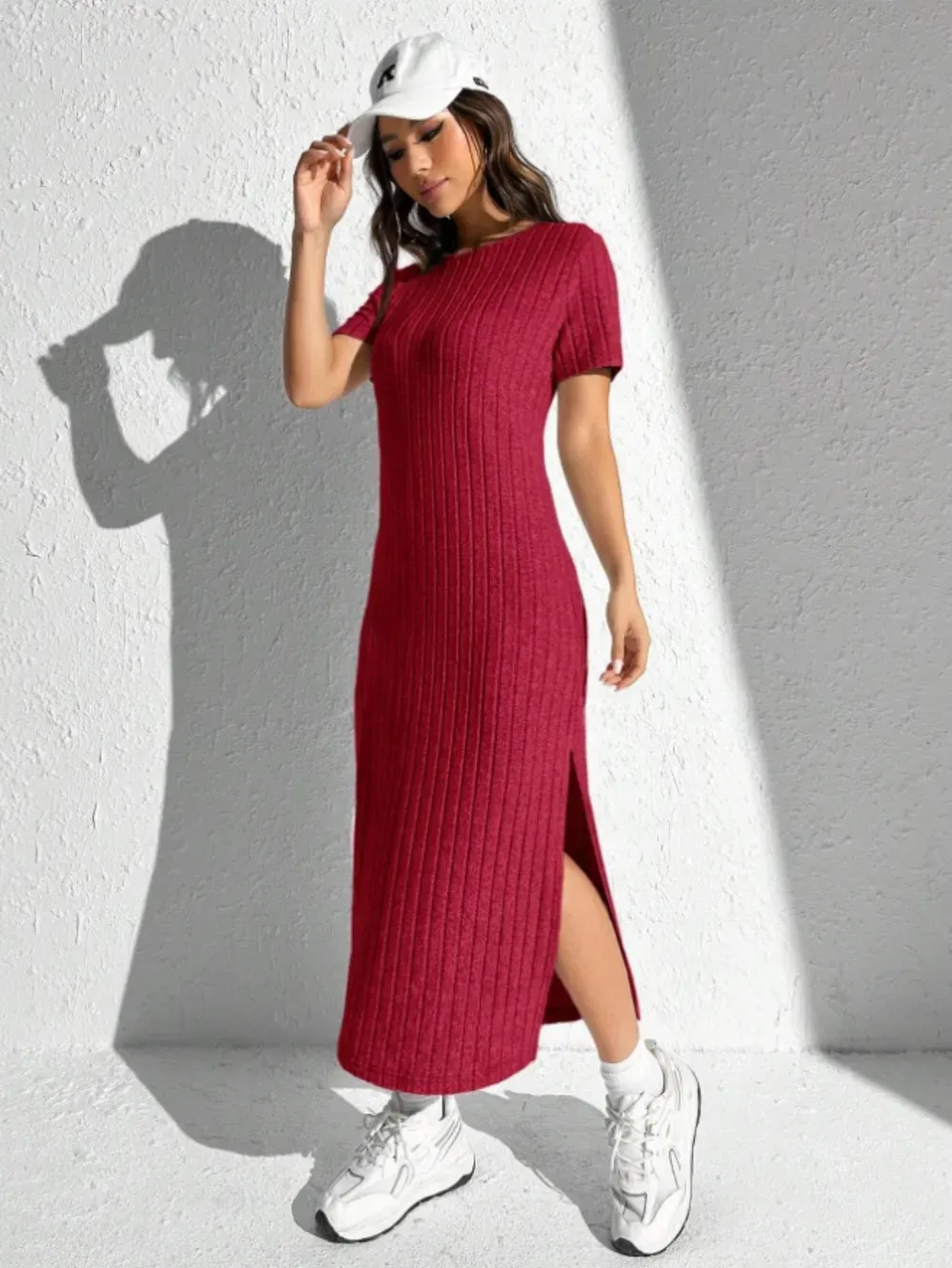 Slit Round Neck Short Sleeve Sweater Dress-vkxiaodian