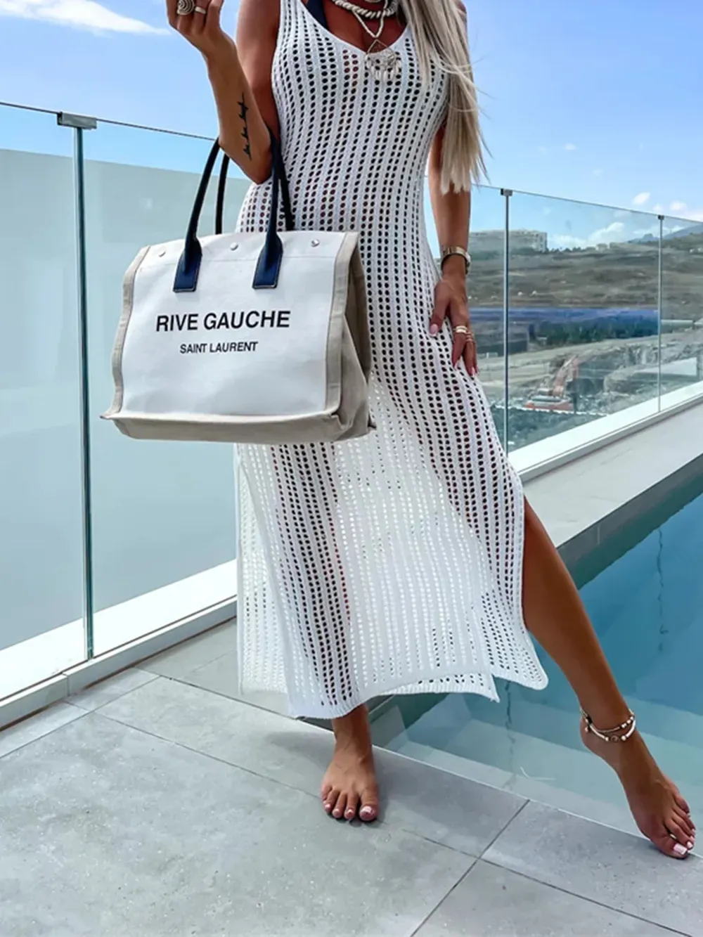 Beach cover shirt casual solid color slit backless knitted camisole dress-vkxiaodian