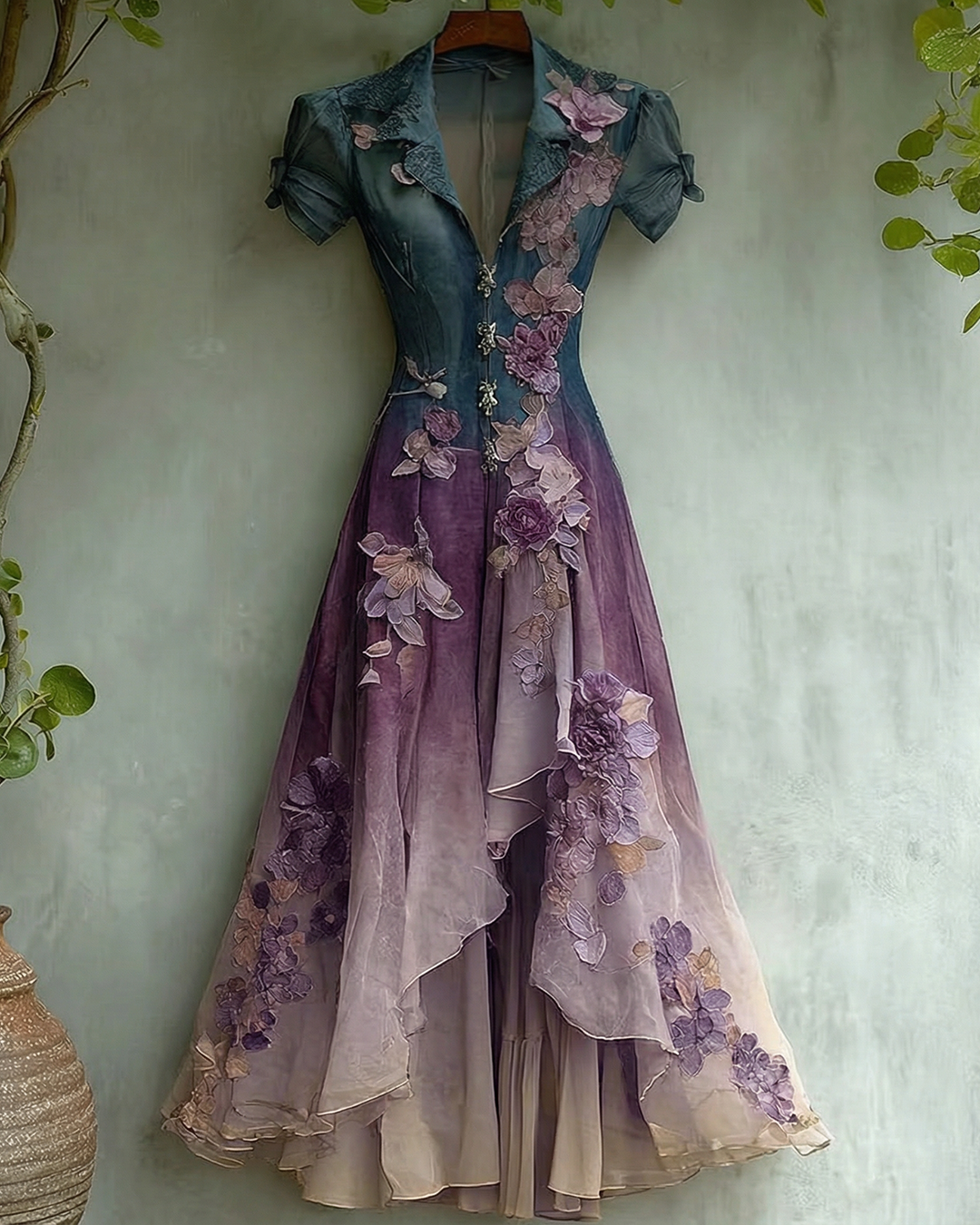 Women's Elegant Gradient Flowers Embroidery Irregular Mesh Dress 5778