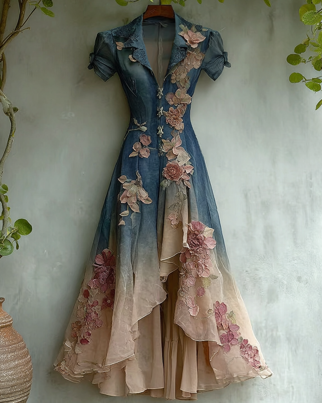 Women's Elegant Gradient Flowers Embroidery Irregular Mesh Dress 5778