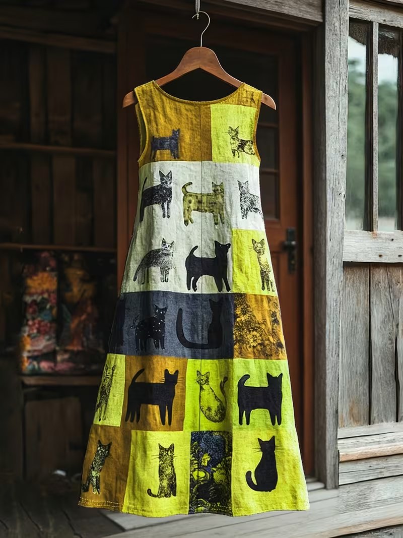 💥 Ειδική Προσφορά 50% ΕΚΠΤΩΣΗ💥Ρετρό φόρεμα με τυπωμένα σχέδια γάτας και χρωματικές αντιθέσεις