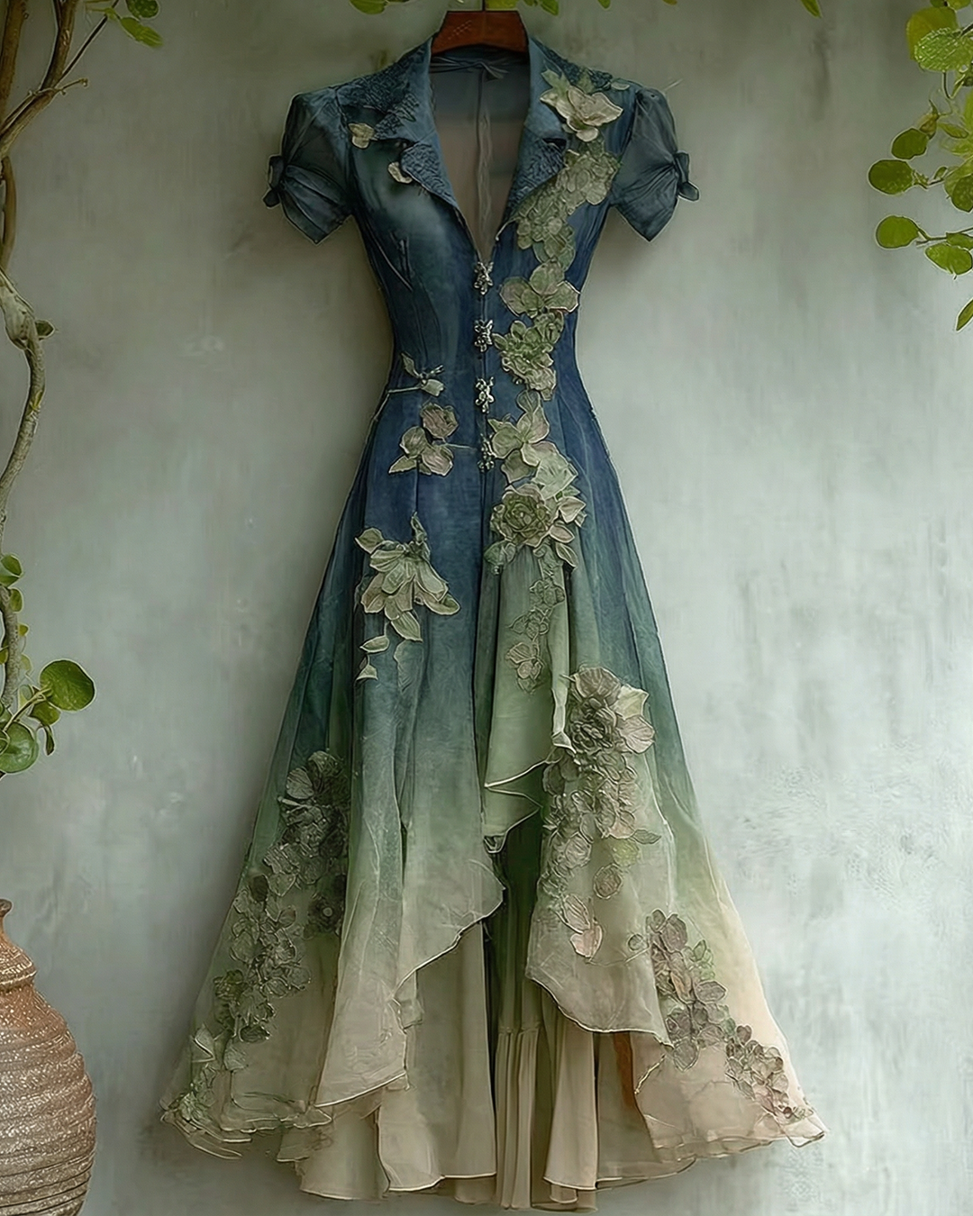 Women's Elegant Gradient Flowers Embroidery Irregular Mesh Dress 5778