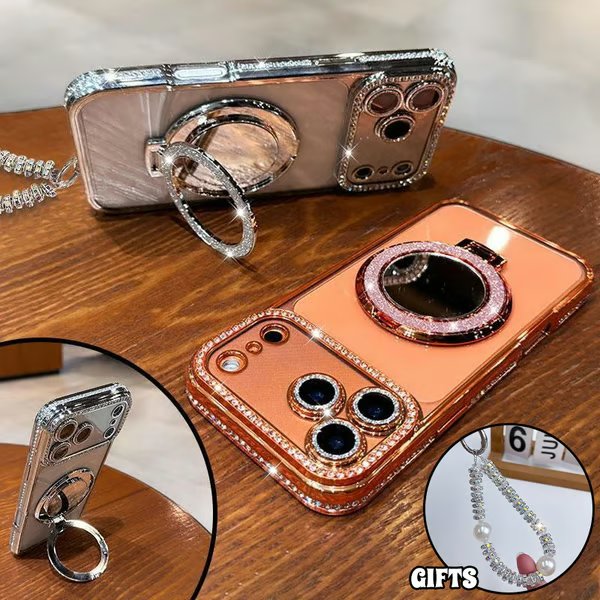 ✨💎Błyszczące etui z diamentami dla kobiet – z lusterkiem i podstawką – do iPhone 13/14/15/16/17 Pro Max, 17 Air, 14/15/16 Plus💖