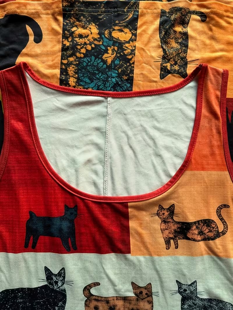 💥 Ειδική Προσφορά 50% ΕΚΠΤΩΣΗ💥Ρετρό φόρεμα με τυπωμένα σχέδια γάτας και χρωματικές αντιθέσεις