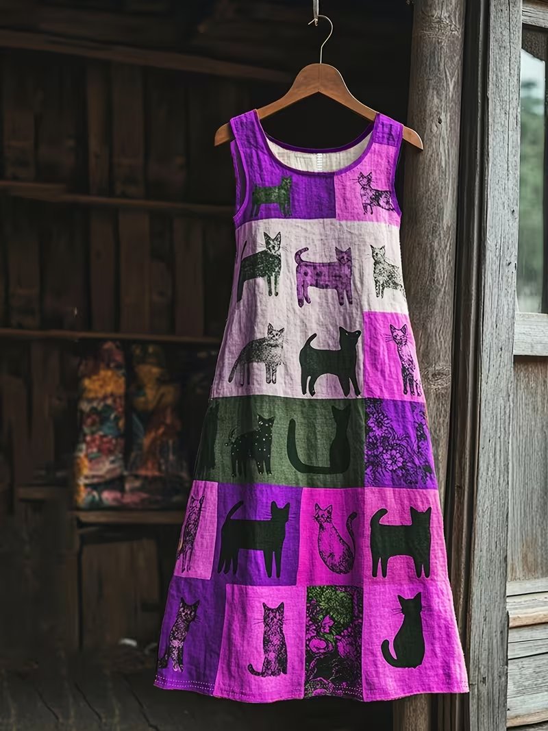 💥 Ειδική Προσφορά 50% ΕΚΠΤΩΣΗ💥Ρετρό φόρεμα με τυπωμένα σχέδια γάτας και χρωματικές αντιθέσεις
