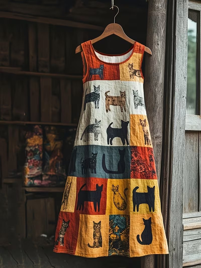 💥 Ειδική Προσφορά 50% ΕΚΠΤΩΣΗ💥Ρετρό φόρεμα με τυπωμένα σχέδια γάτας και χρωματικές αντιθέσεις