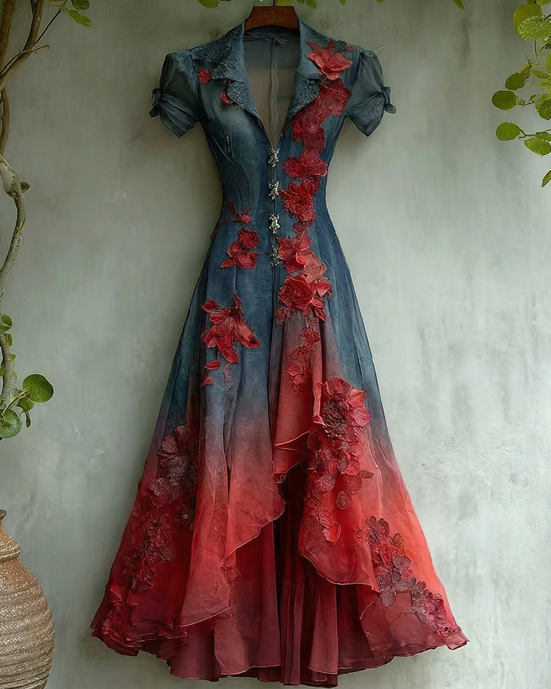 Women's Elegant Gradient Flowers Embroidery Irregular Mesh Dress 5778