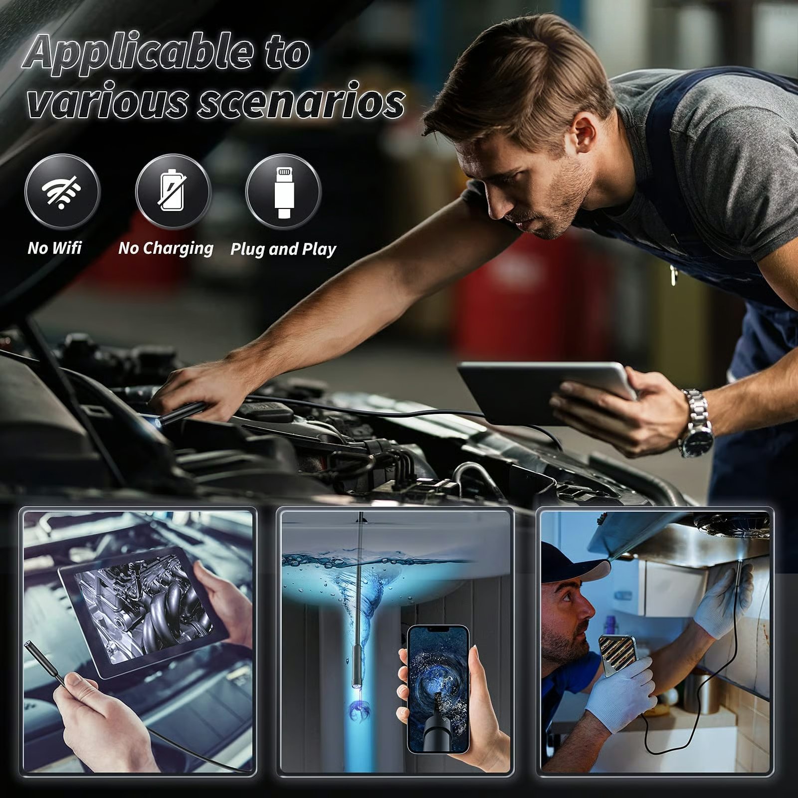 🔎 Κάμερα ενδοσκοπίου plug-and-play - Συμβατή με Android & iPhone & iPad για άμεση σύνδεση