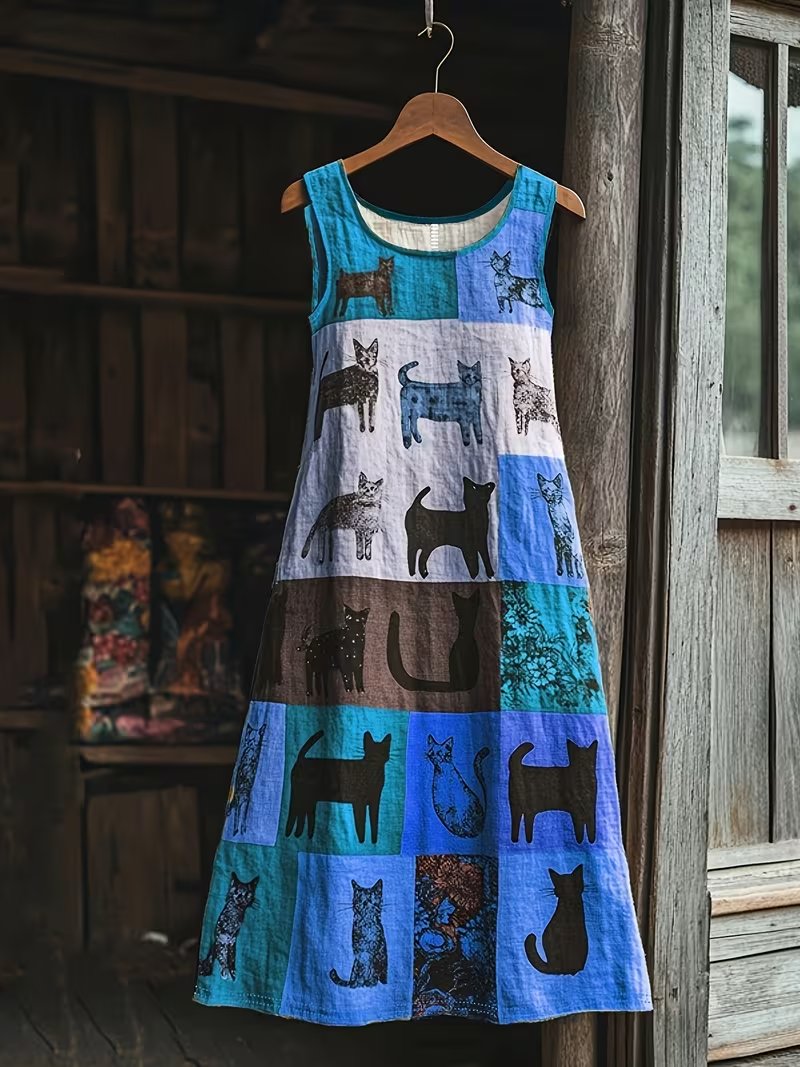 💥 Ειδική Προσφορά 50% ΕΚΠΤΩΣΗ💥Ρετρό φόρεμα με τυπωμένα σχέδια γάτας και χρωματικές αντιθέσεις