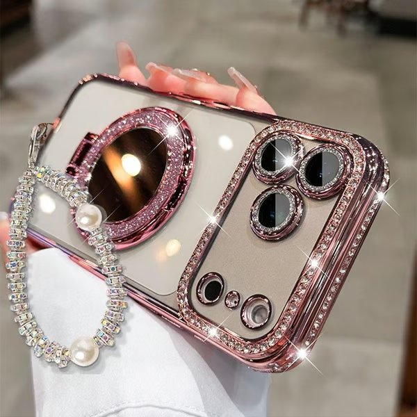 ✨💎Błyszczące etui z diamentami dla kobiet – z lusterkiem i podstawką – do iPhone 13/14/15/16/17 Pro Max, 17 Air, 14/15/16 Plus💖