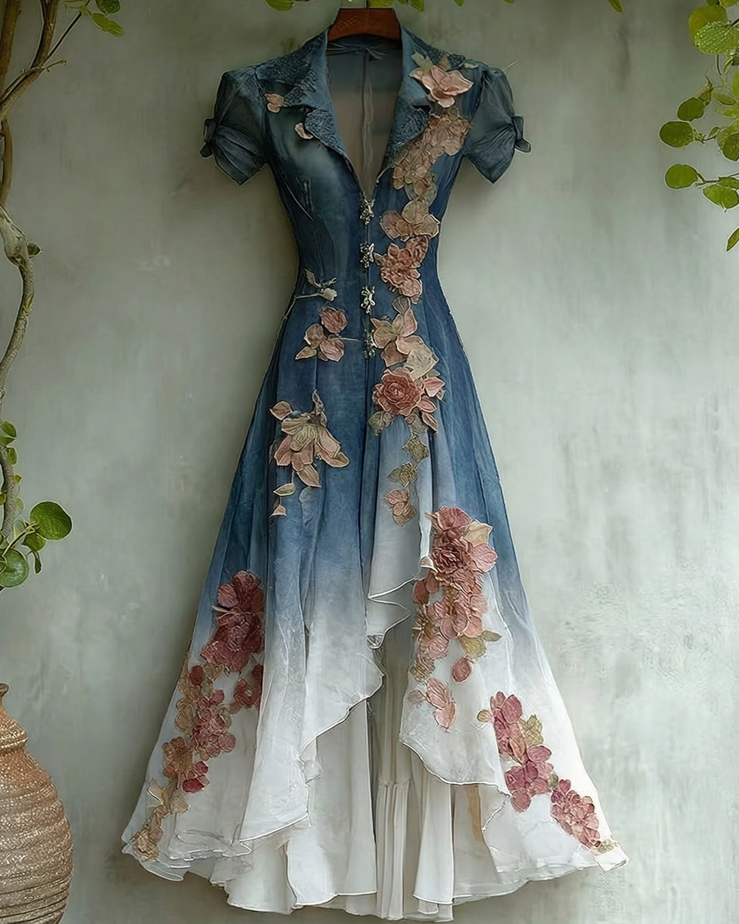 Women's Elegant Gradient Flowers Embroidery Irregular Mesh Dress 5778