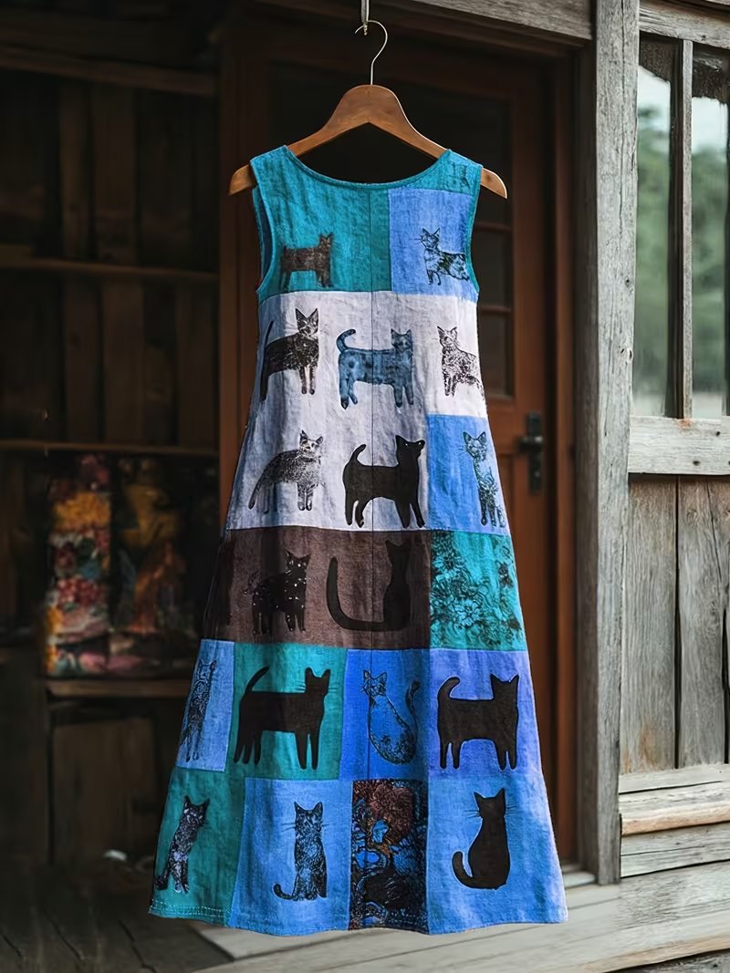 💥 Ειδική Προσφορά 50% ΕΚΠΤΩΣΗ💥Ρετρό φόρεμα με τυπωμένα σχέδια γάτας και χρωματικές αντιθέσεις