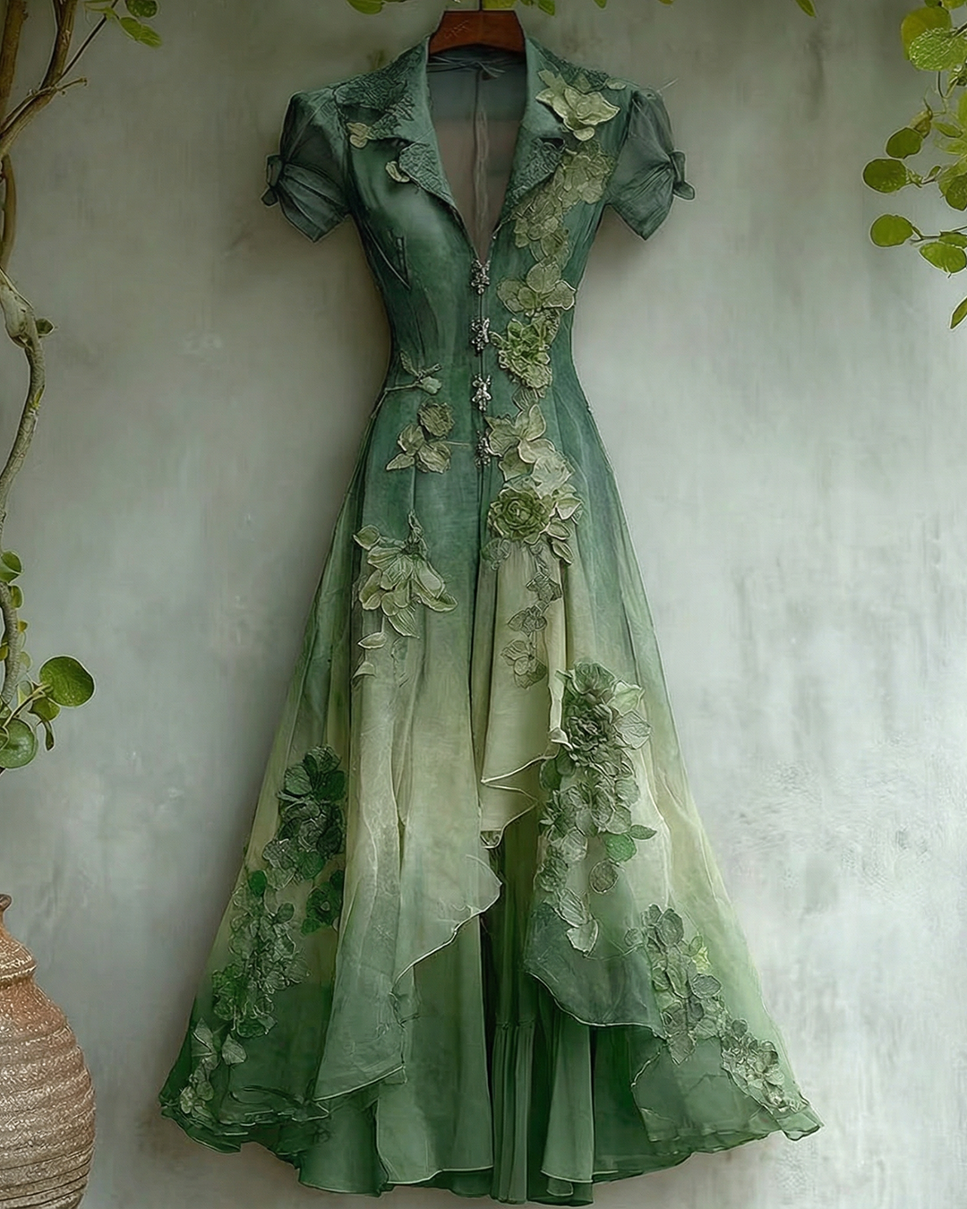 Women's Elegant Gradient Flowers Embroidery Irregular Mesh Dress 5778