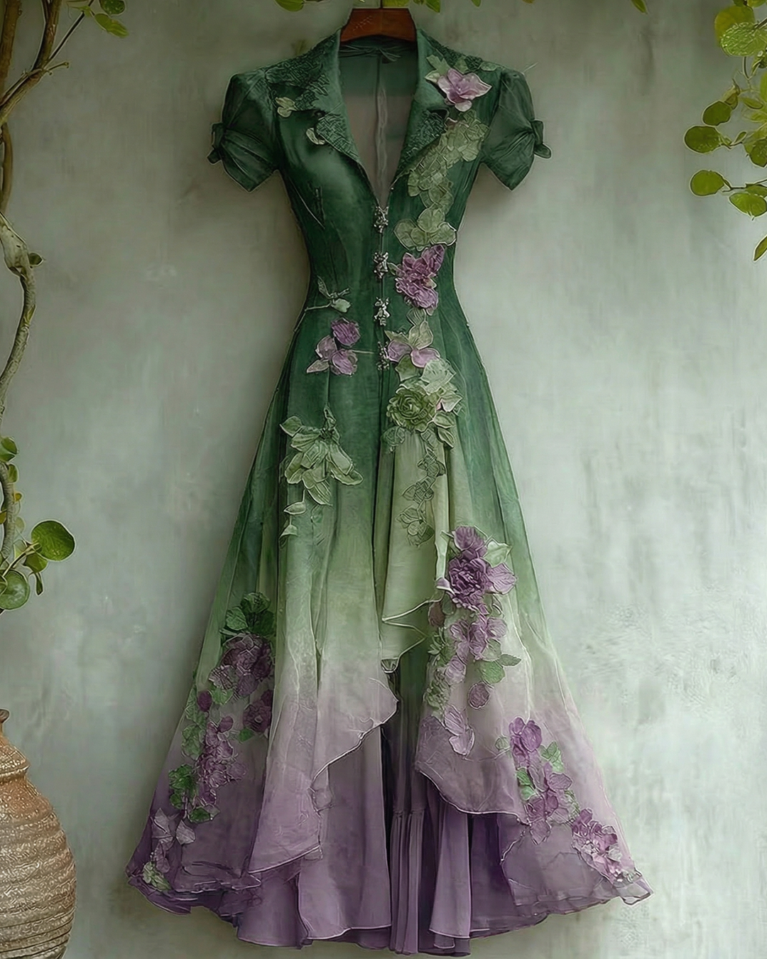 Women's Elegant Gradient Flowers Embroidery Irregular Mesh Dress 5778