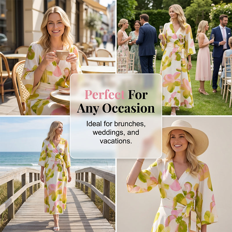 🔥Καυτές Προσφορές - Φόρεμα Midi με V λαιμόκοψη και φλοράλ σχέδιο