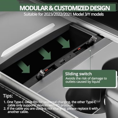 Teslula Retractable USB Hub for Tesla Model3/Y-Fast Charge&Slide Cover