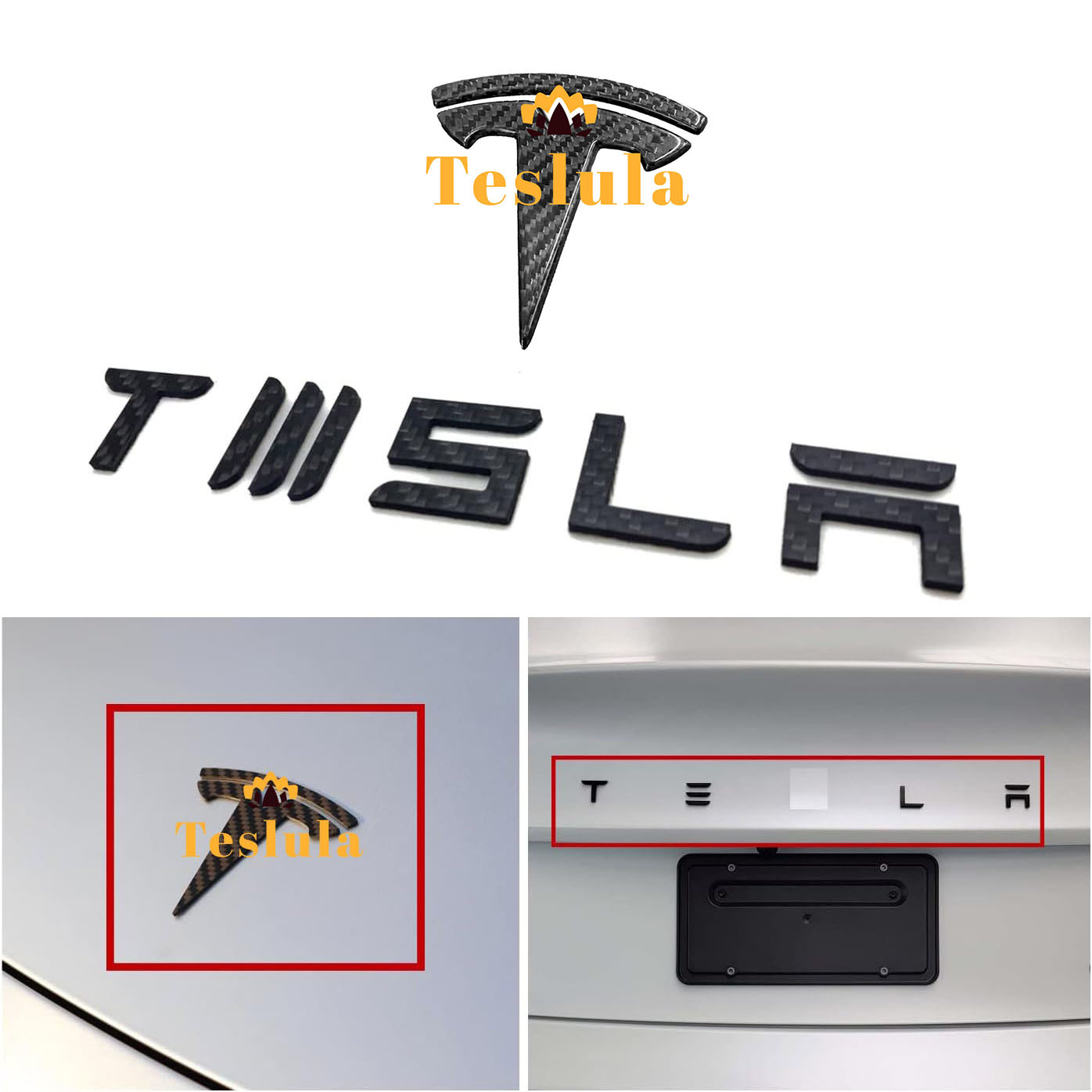 Teslula Carbon Fiber Emblem Set for Tesla Model 3/Y-Front & Rear Badge