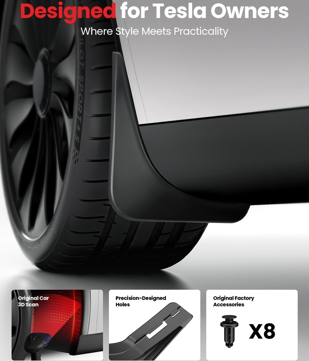 Teslula No-Drill Mud Flaps for Tesla Model 3/Y - OEM Fit All-Weather Protection