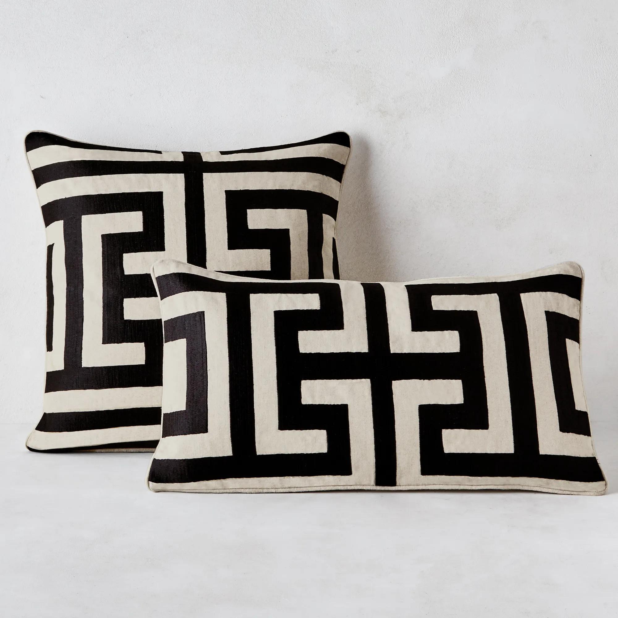 Cace Embroidered Black/Natural Linen Pillow 22" x 22"