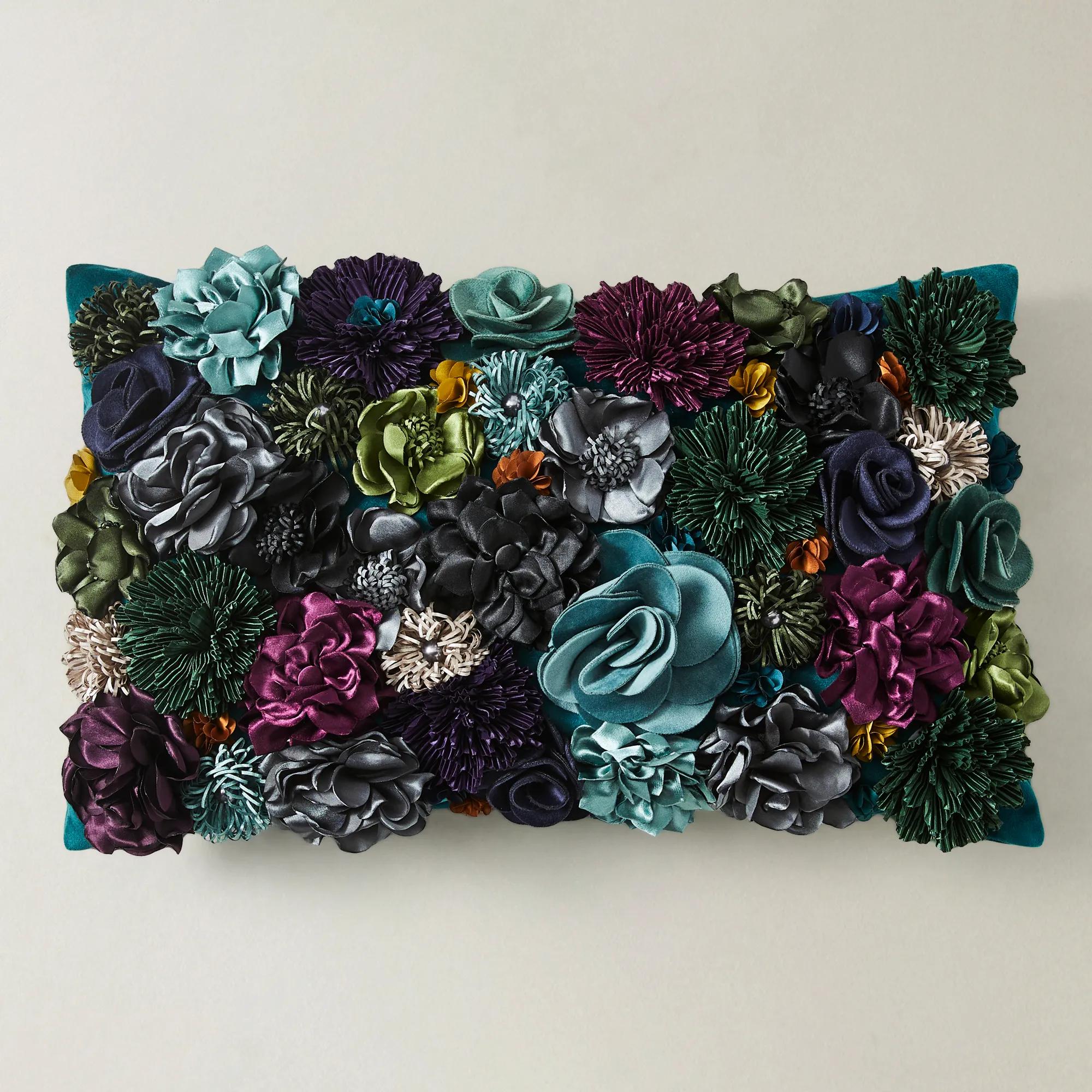Posy Handcrafted 3D Floral Appliqué Multicolor Velvet Pillow