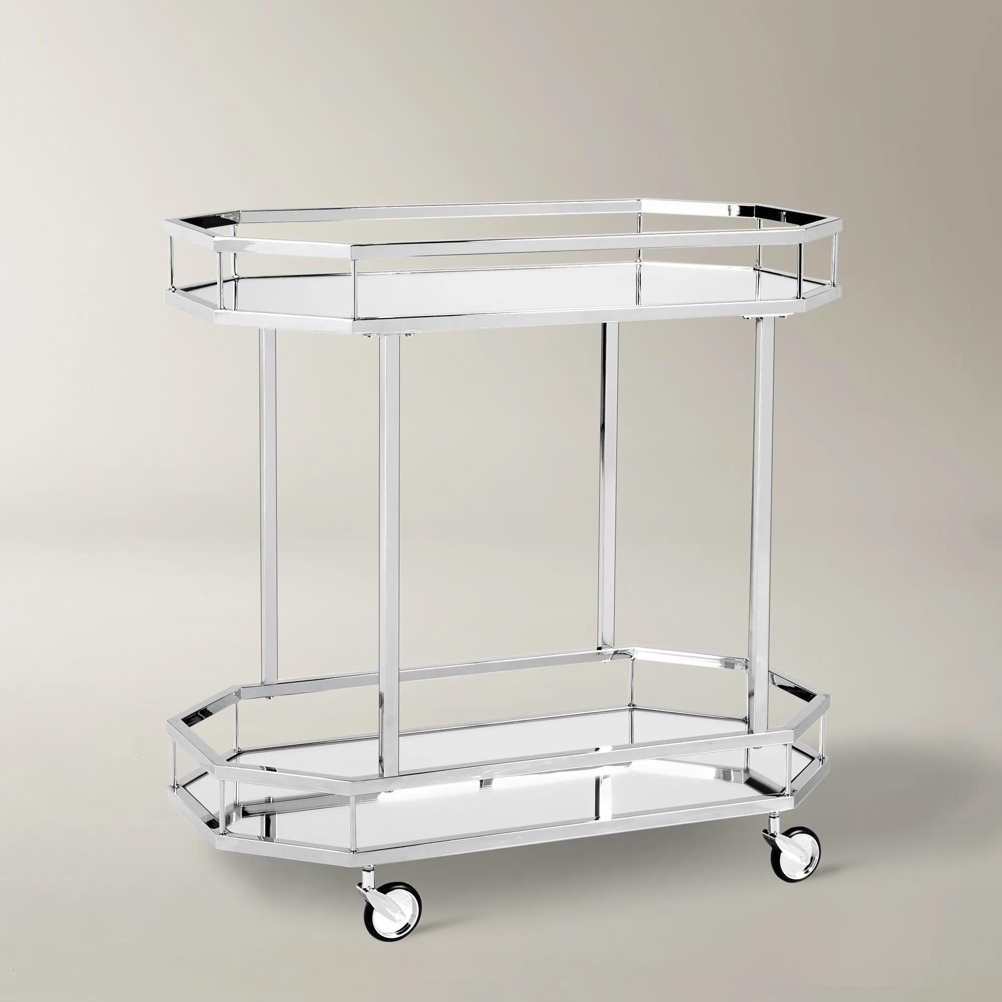 empty chrome bar cart with two hexagonal shelves
