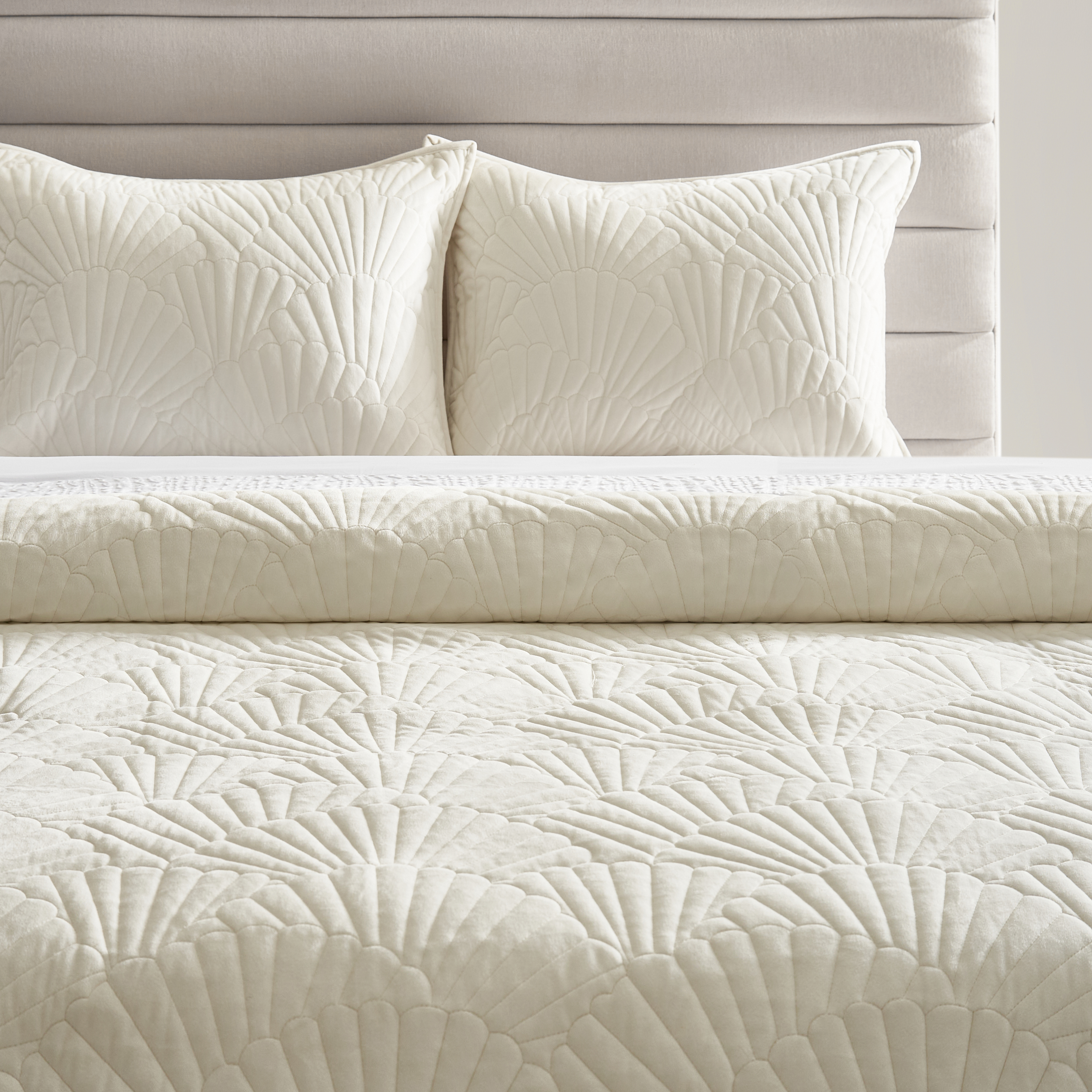 Fan Velvet Quilt Set - Ivory (King)