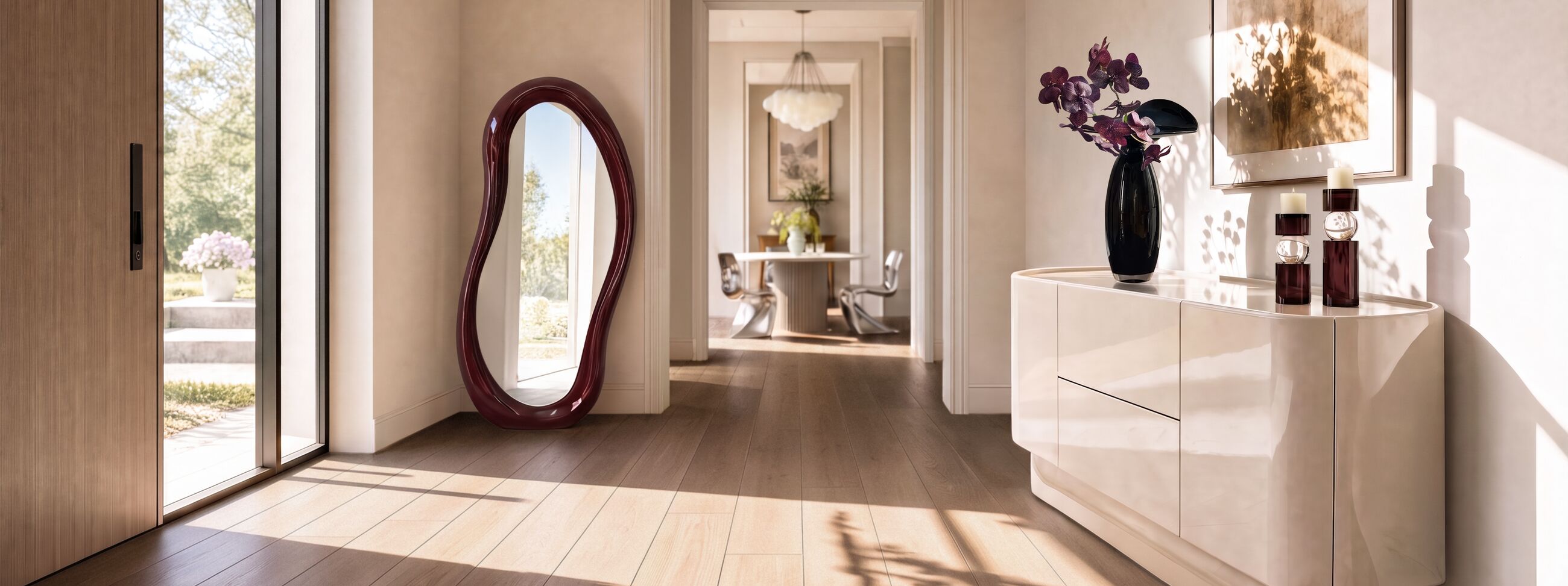 Sunlit modern entryway featuring a high-gloss cream curved credenza, a sculptural burgundy wavy floor mirror, and floral vase decor leading to an open dining room.