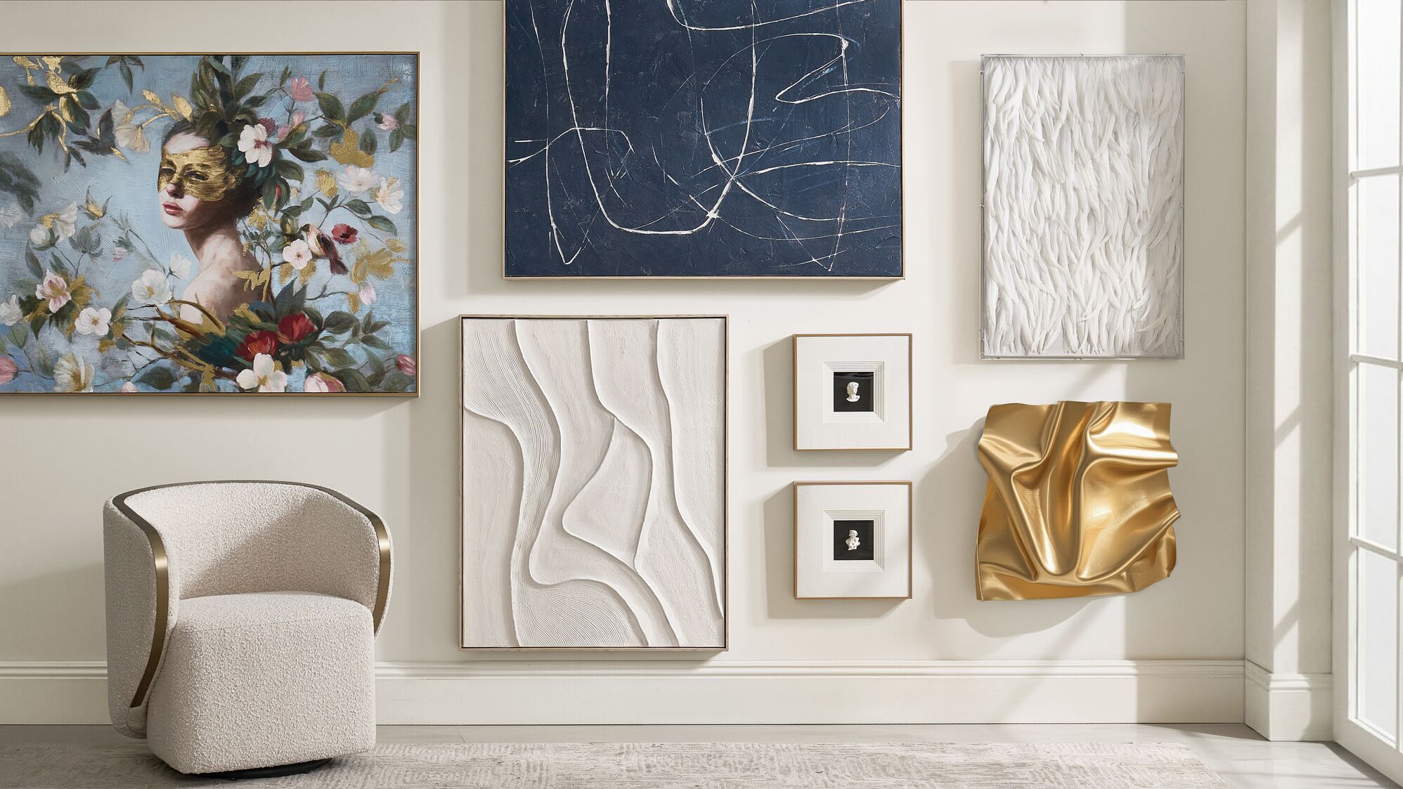 A gallery of color, relief, and shine brings depth, contrast, and quiet drama to the room.