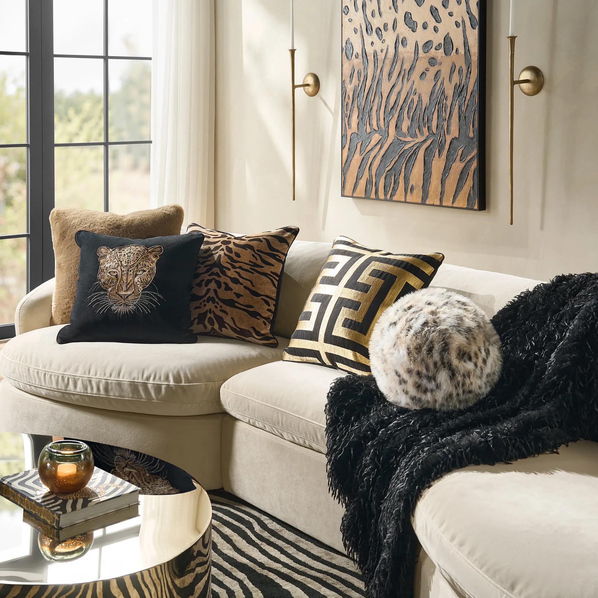 Namir Leopard Beaded Embroidered Black/Gold Velvet Pillow 22" x 22"