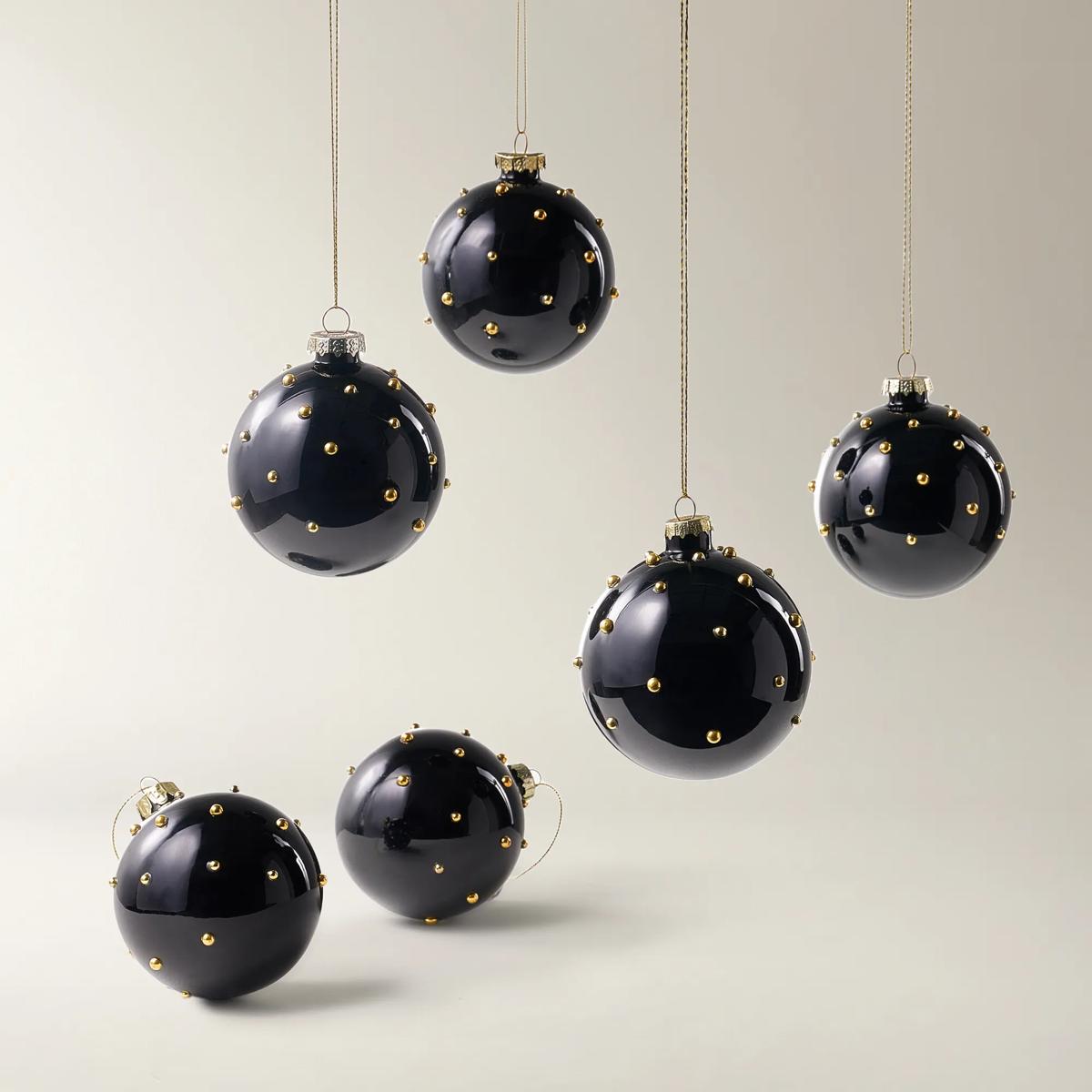 Black & Gold Dot Glass Ornament - Set of 6
